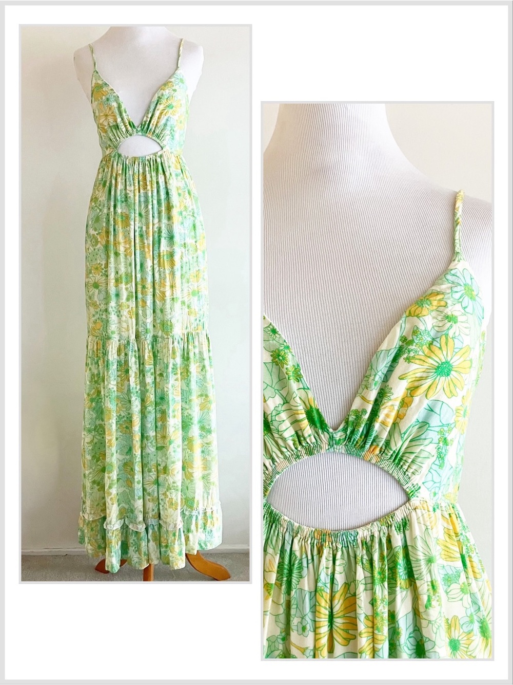 Showpo. Floral Print Maxi Dress Sz 4 Green Cut Out Sleeveless Sundress